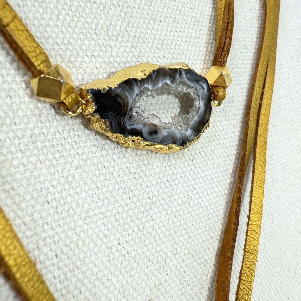 Druzy Agate Boho Layered Necklace Gold Tone Long Adjustable Statement‎